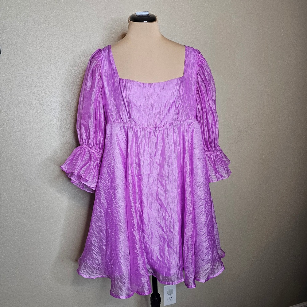Buddy Love Betsy Babydoll Mini Dress Orchid Purple Puff Sleeve Smocked Large - Picture 2 of 9
